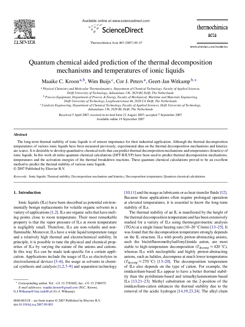 Quantum chemical aided prediction of the thermal decomposition mechanisms and temperatures of ionic liquids