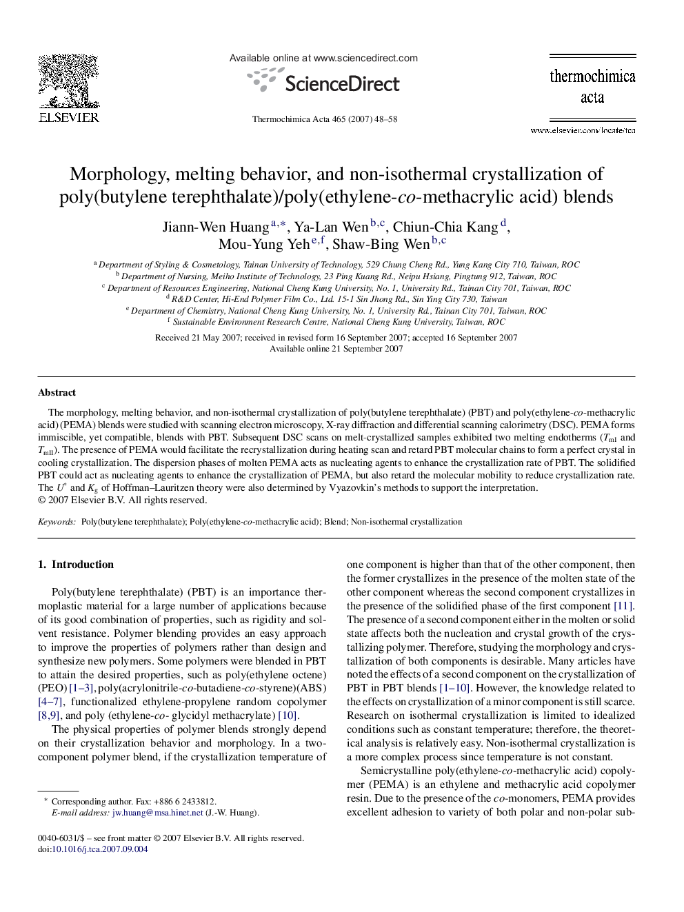 Morphology, melting behavior, and non-isothermal crystallization of poly(butylene terephthalate)/poly(ethylene-co-methacrylic acid) blends