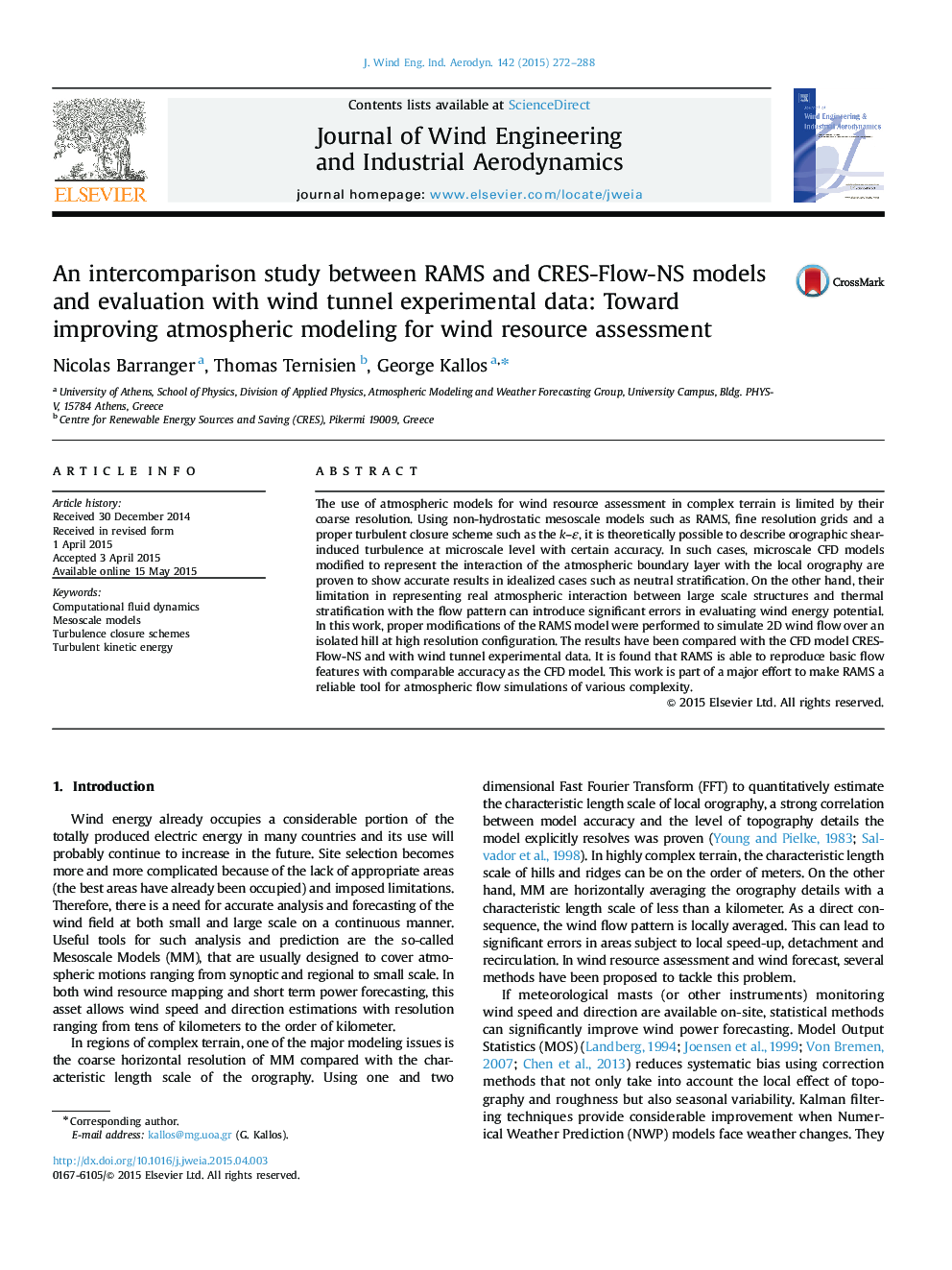 An intercomparison study between RAMS and CRES-Flow-NS models and evaluation with wind tunnel experimental data: Toward improving atmospheric modeling for wind resource assessment