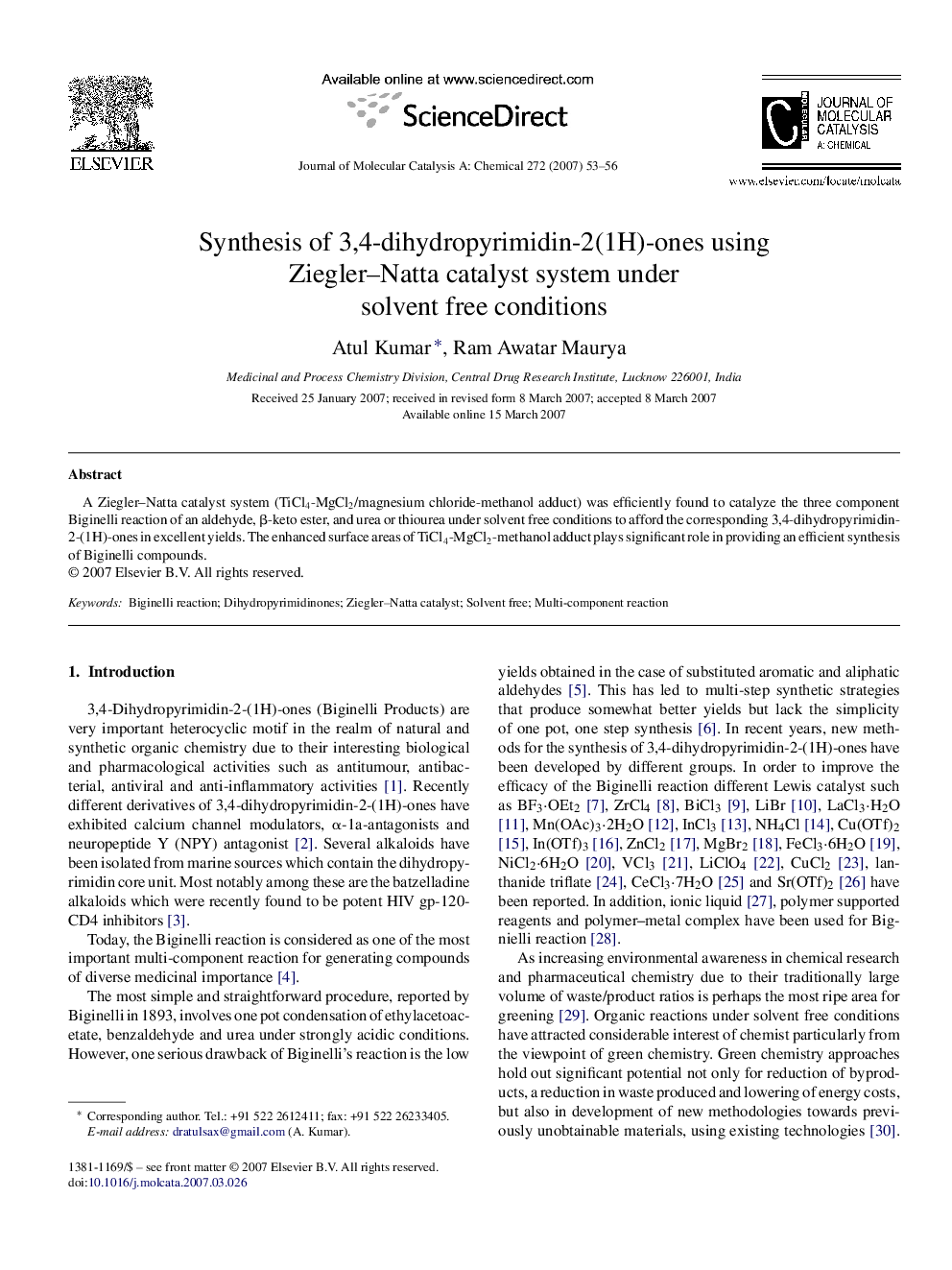 Synthesis of 3,4-dihydropyrimidin-2(1H)-ones using Ziegler–Natta catalyst system under solvent free conditions