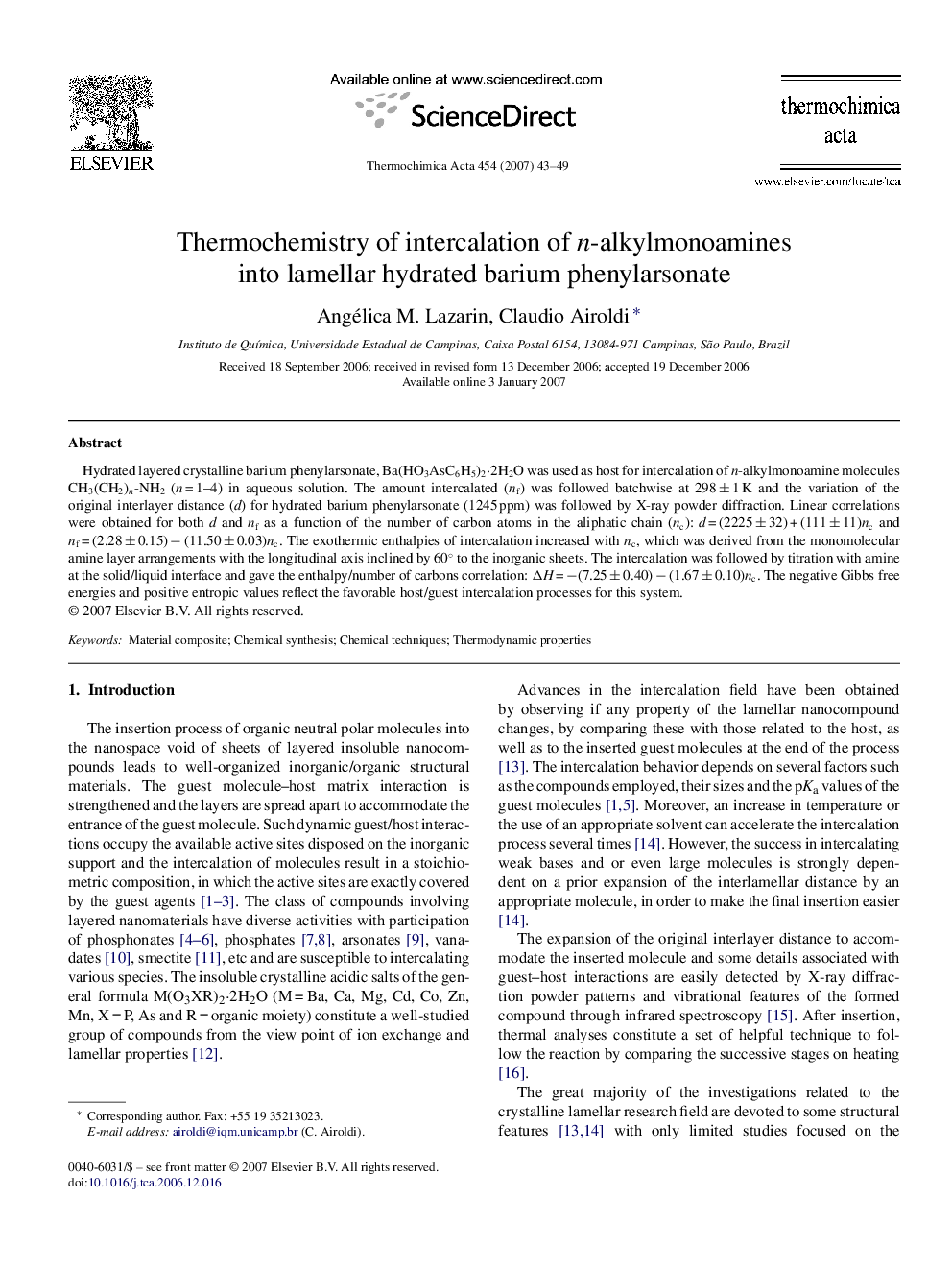 Thermochemistry of intercalation of n-alkylmonoamines into lamellar hydrated barium phenylarsonate