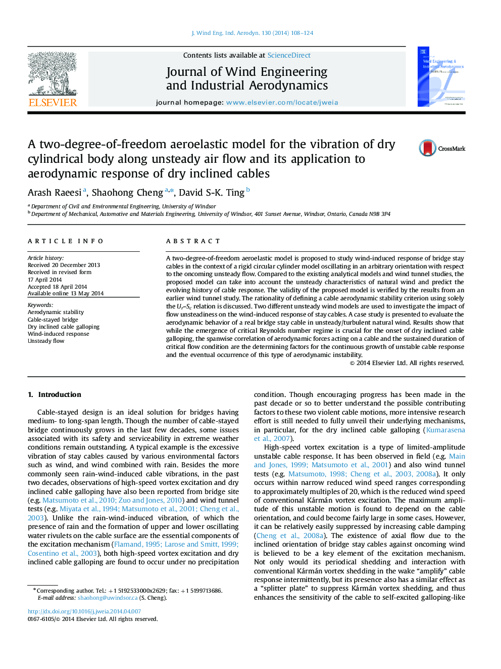 A two-degree-of-freedom aeroelastic model for the vibration of dry cylindrical body along unsteady air flow and its application to aerodynamic response of dry inclined cables