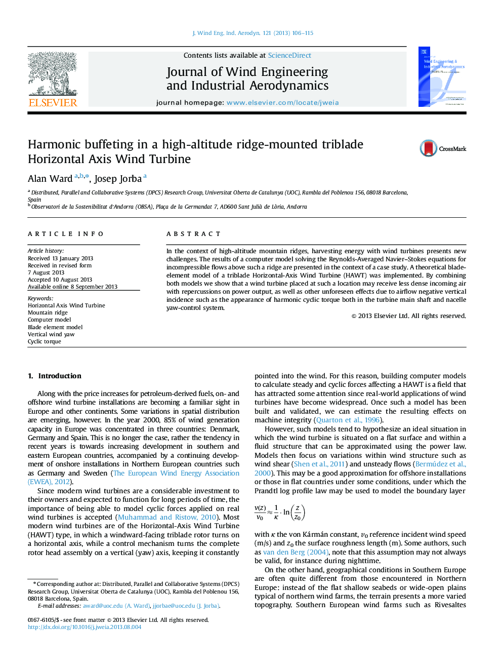 Harmonic buffeting in a high-altitude ridge-mounted triblade Horizontal Axis Wind Turbine