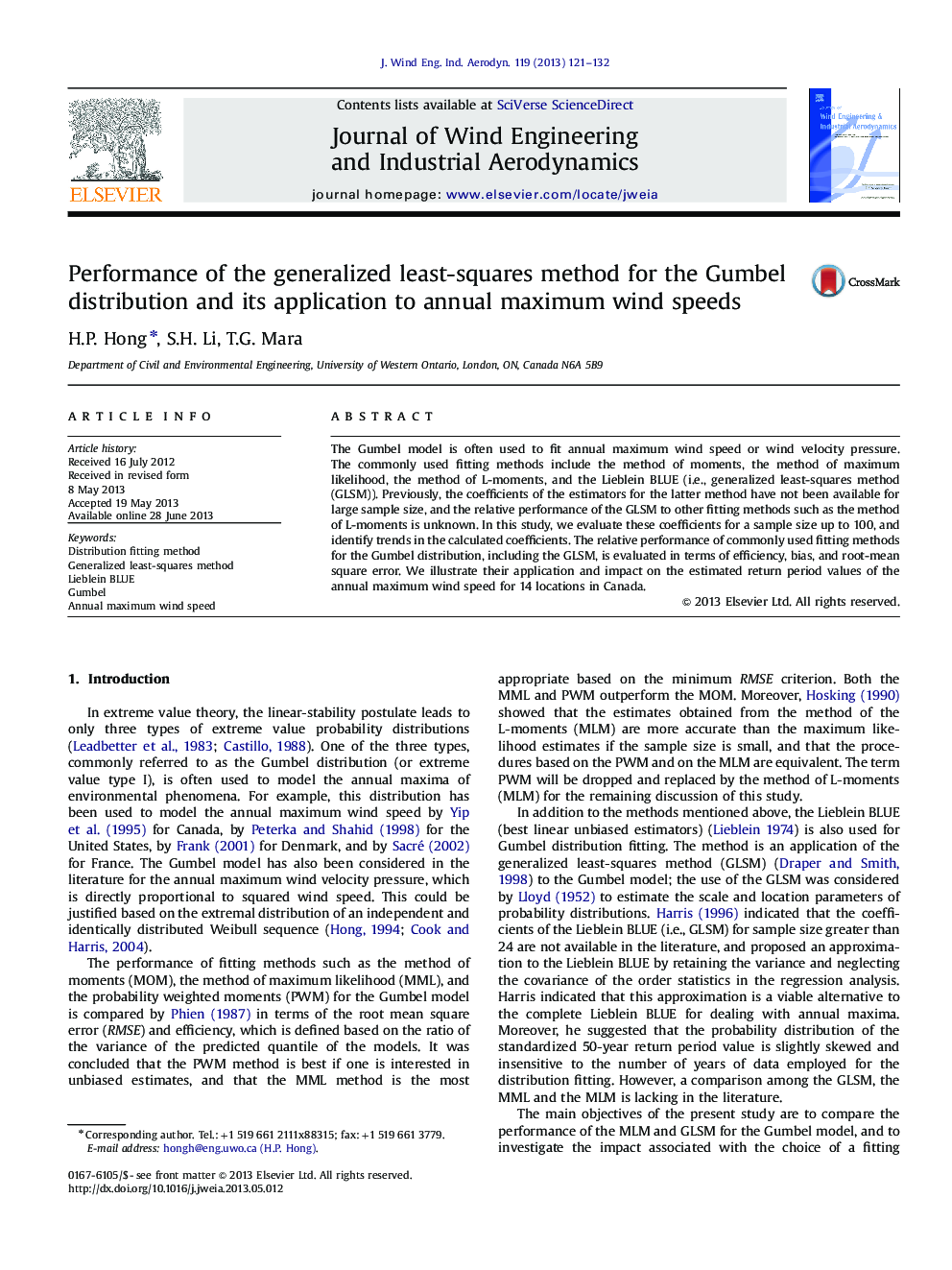 Performance of the generalized least-squares method for the Gumbel distribution and its application to annual maximum wind speeds