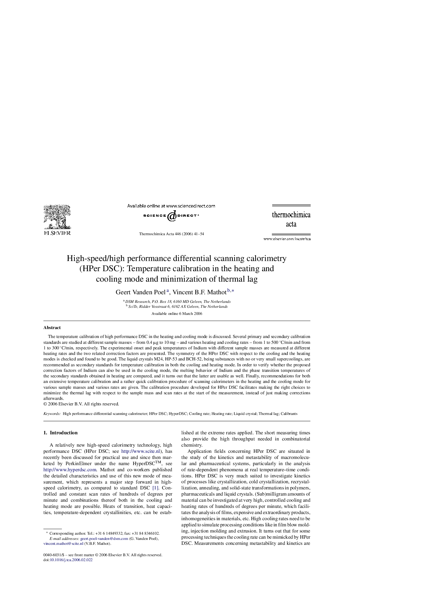 High-speed/high performance differential scanning calorimetry (HPer DSC): Temperature calibration in the heating and cooling mode and minimization of thermal lag