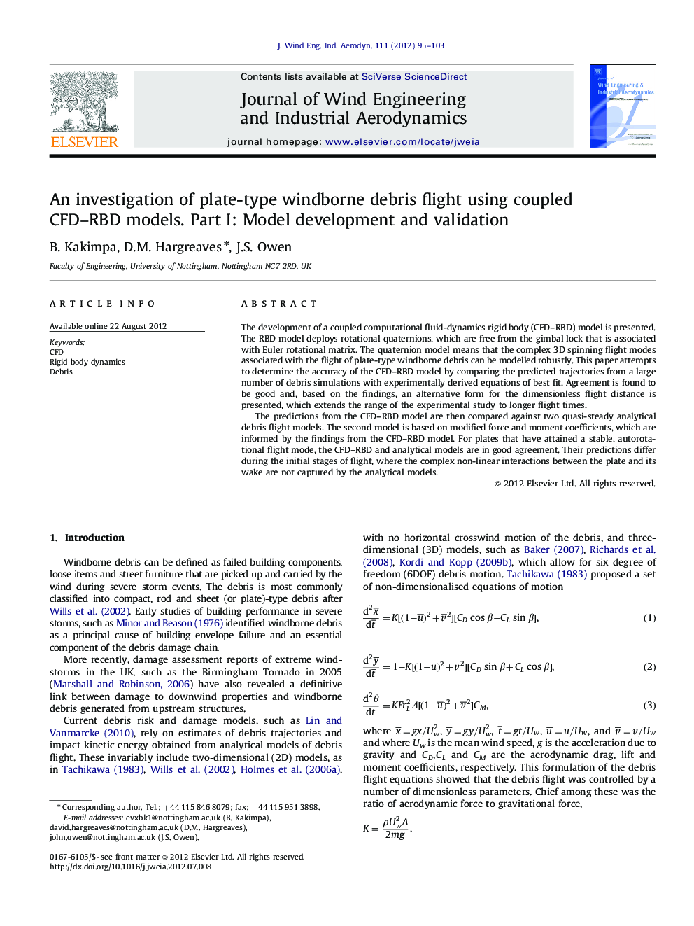 An investigation of plate-type windborne debris flight using coupled CFD-RBD models. Part I: Model development and validation