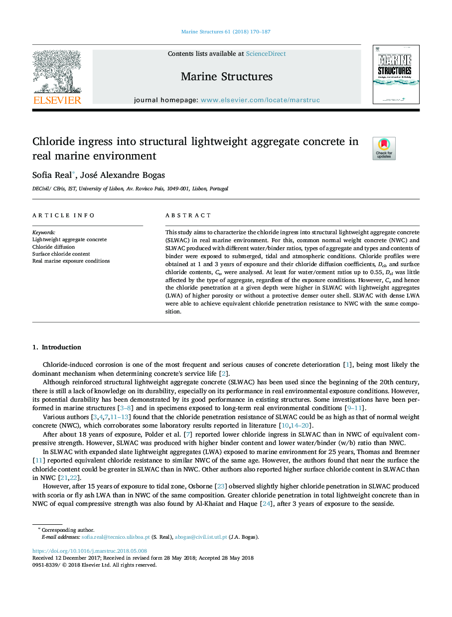 Chloride ingress into structural lightweight aggregate concrete in real marine environment