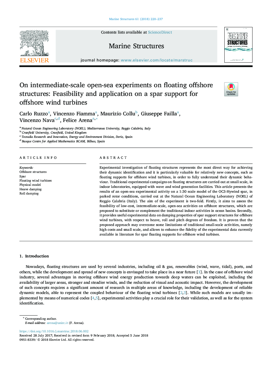 On intermediate-scale open-sea experiments on floating offshore structures: Feasibility and application on a spar support for offshore wind turbines