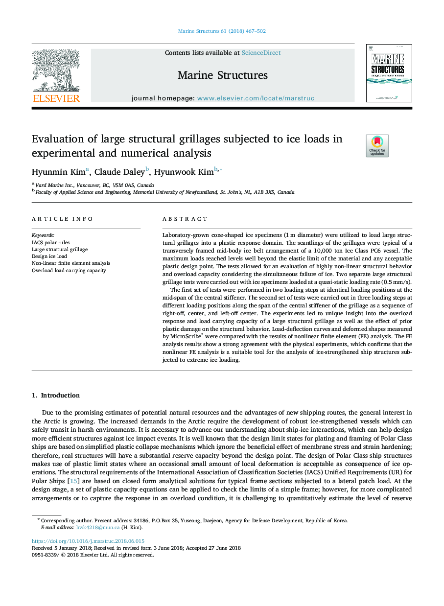 Evaluation of large structural grillages subjected to ice loads in experimental and numerical analysis