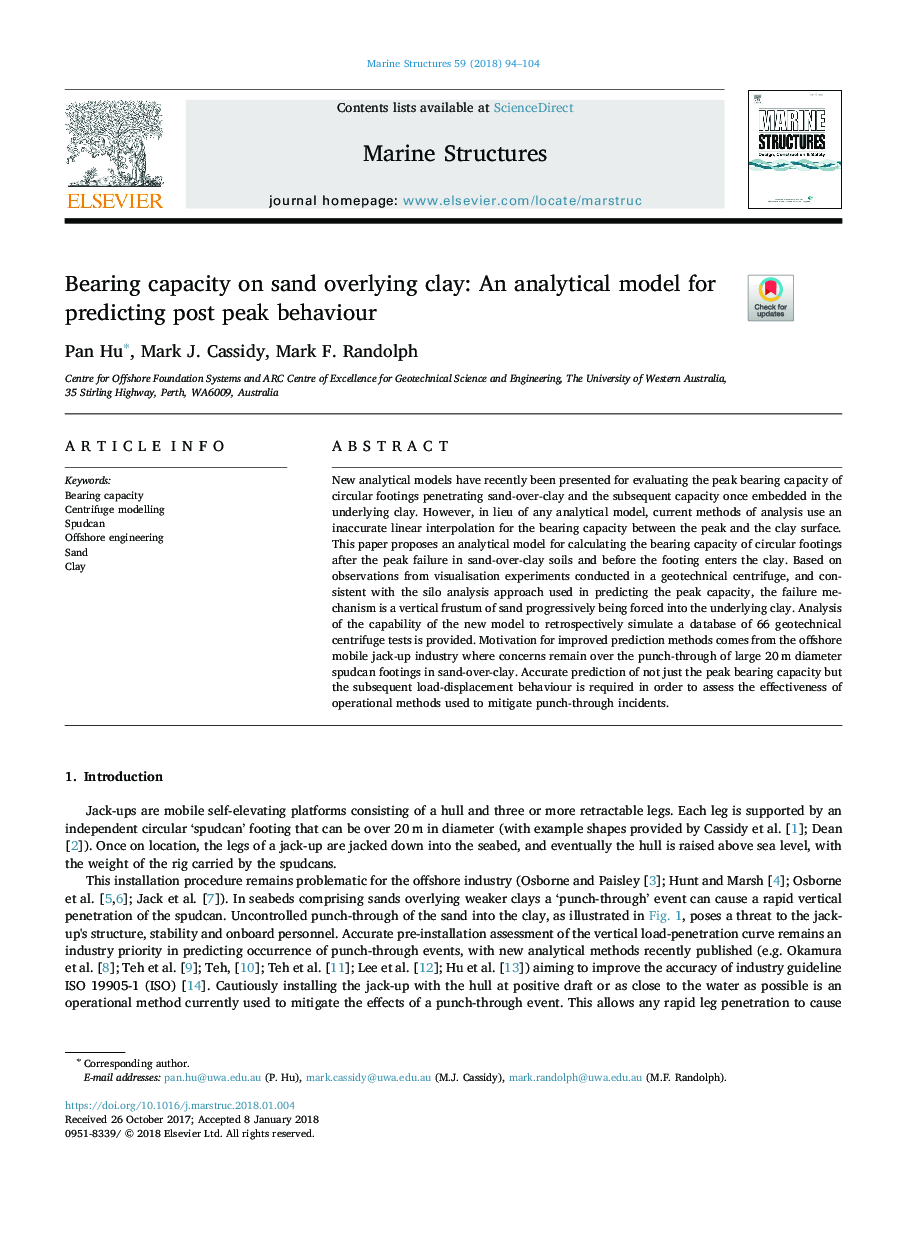 ظرفیت باربری بر روی خاک رس شن و ماسه: یک مدل تحلیلی برای پیش بینی رفتار پیک پس از 