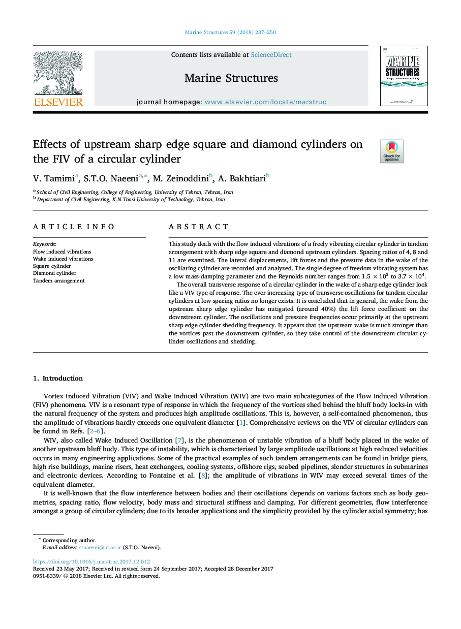 Effects of upstream sharp edge square and diamond cylinders on the FIV of a circular cylinder