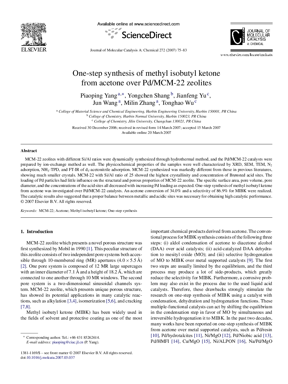 One-step synthesis of methyl isobutyl ketone from acetone over Pd/MCM-22 zeolites