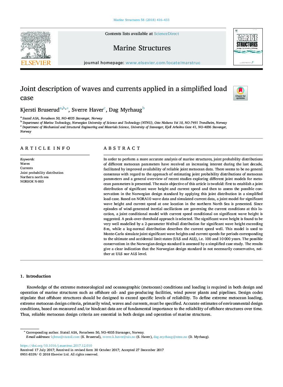 Joint description of waves and currents applied in a simplified load case