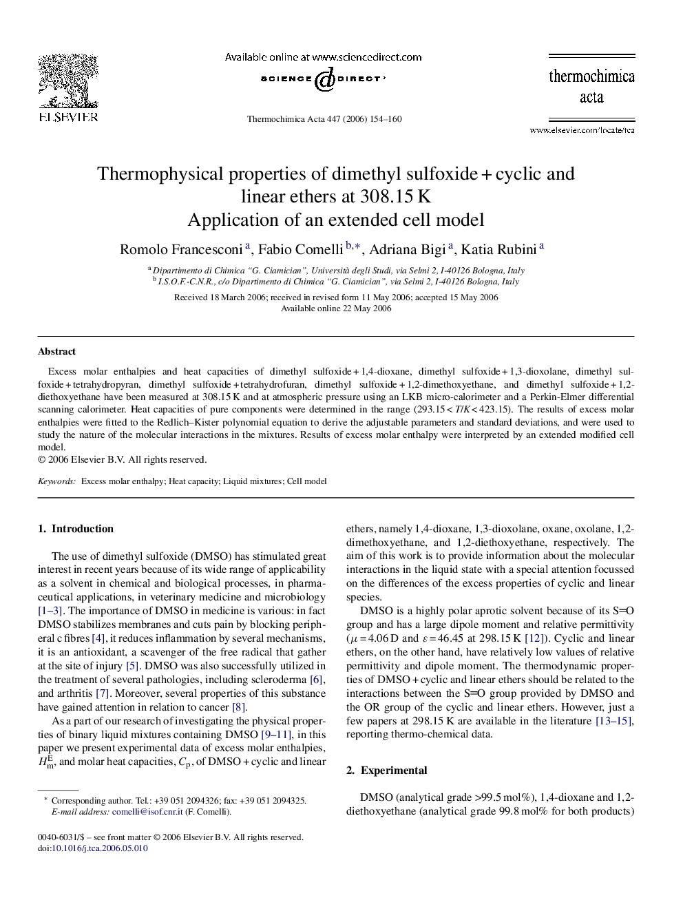 Thermophysical properties of dimethyl sulfoxide + cyclic and linear ethers at 308.15 K: Application of an extended cell model