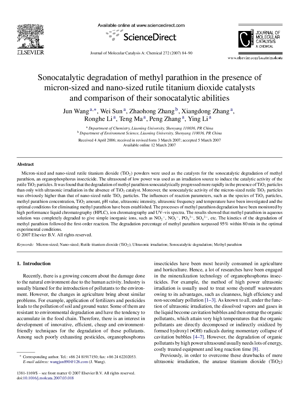 Sonocatalytic degradation of methyl parathion in the presence of micron-sized and nano-sized rutile titanium dioxide catalysts and comparison of their sonocatalytic abilities