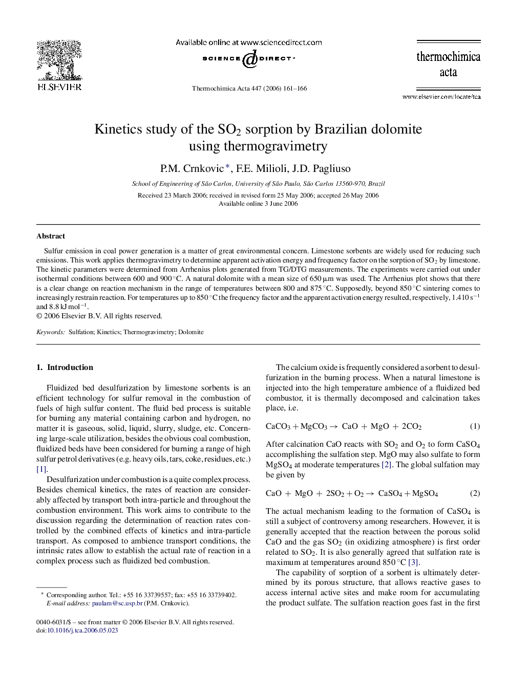 Kinetics study of the SO2 sorption by Brazilian dolomite using thermogravimetry