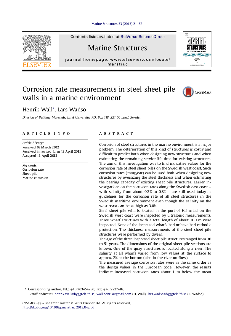 Corrosion rate measurements in steel sheet pile walls in a marine environment