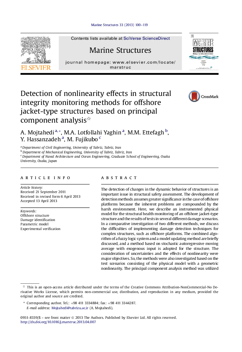 Detection of nonlinearity effects in structural integrity monitoring methods for offshore jacket-type structures based on principal component analysis