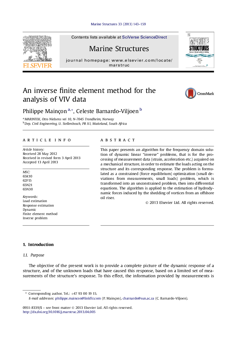 An inverse finite element method for the analysis of VIV data