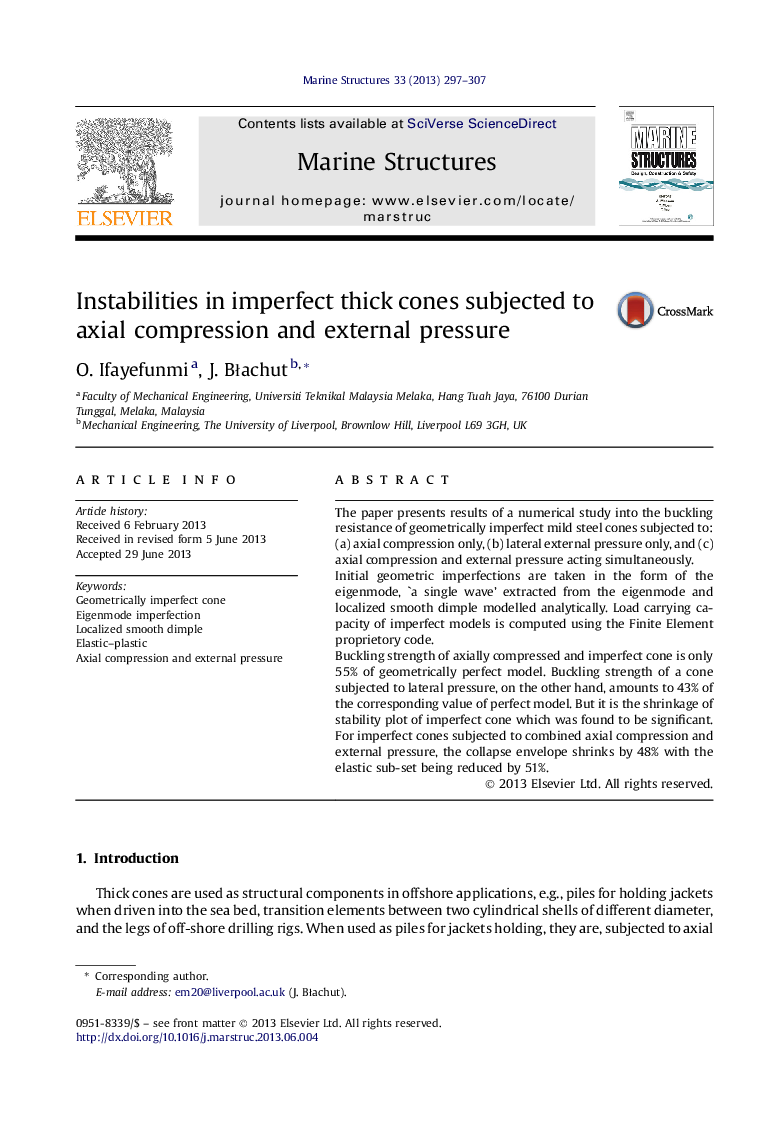 Instabilities in imperfect thick cones subjected to axial compression and external pressure