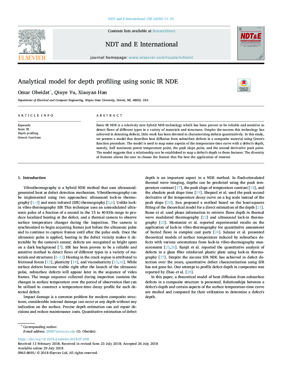 Analytical model for depth profiling using sonic IR NDE
