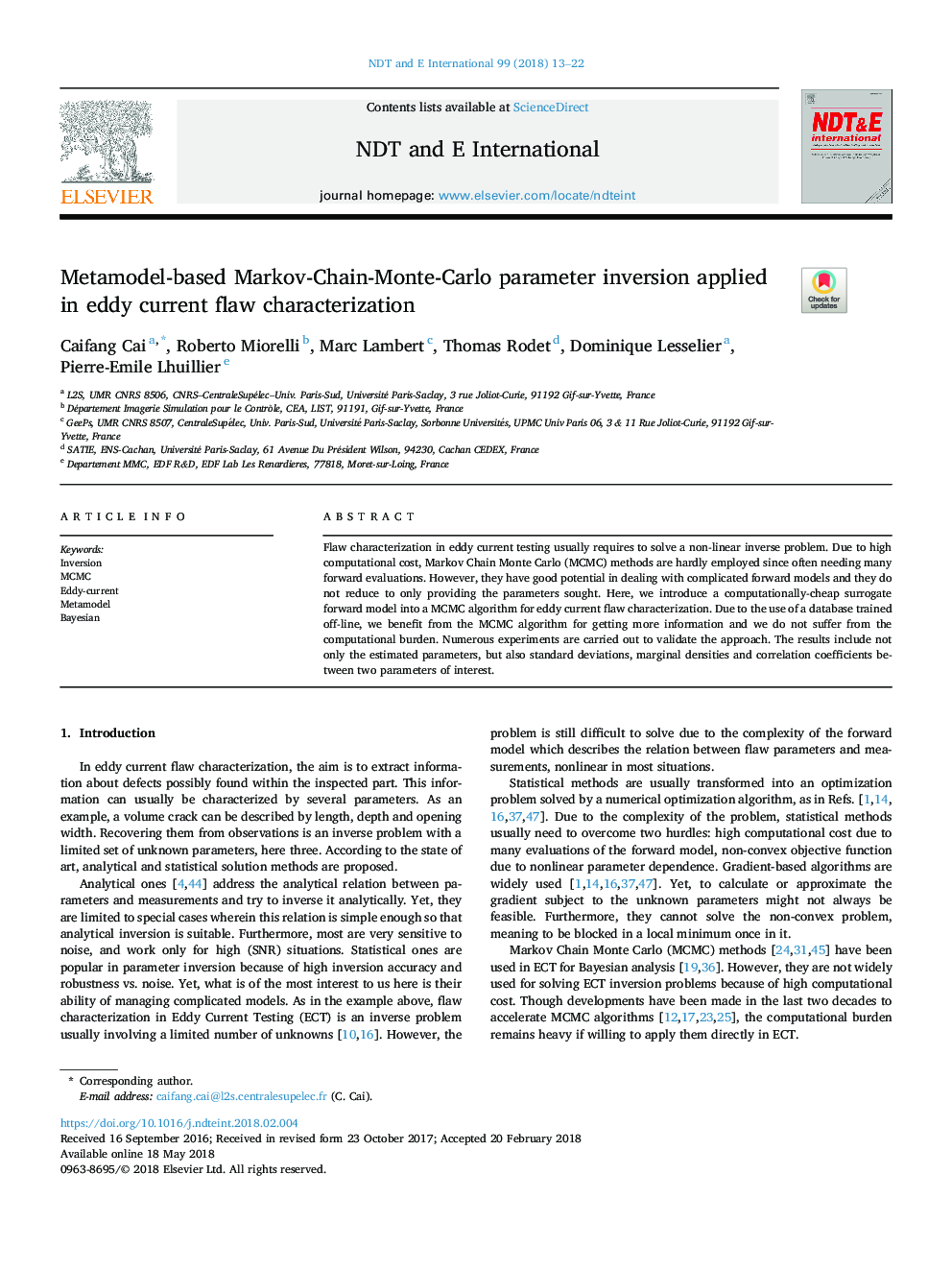 Metamodel-based Markov-Chain-Monte-Carlo parameter inversion applied in eddy current flaw characterization