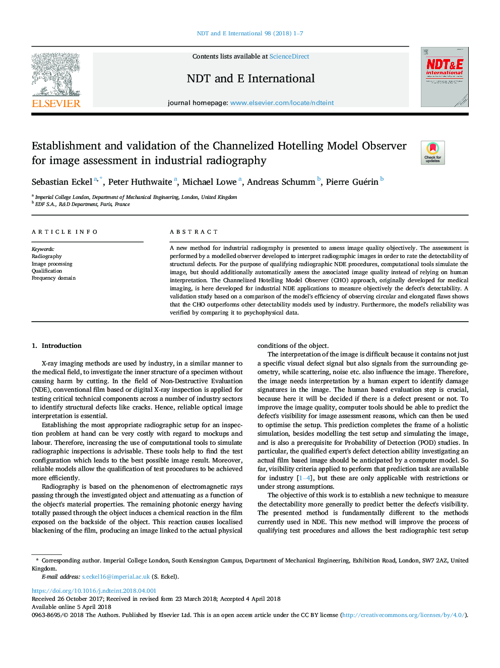 Establishment and validation of the Channelized Hotelling Model Observer for image assessment in industrial radiography