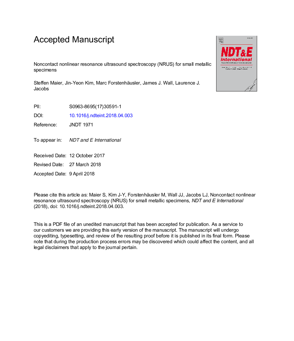 Noncontact nonlinear resonance ultrasound spectroscopy (NRUS) for small metallic specimens