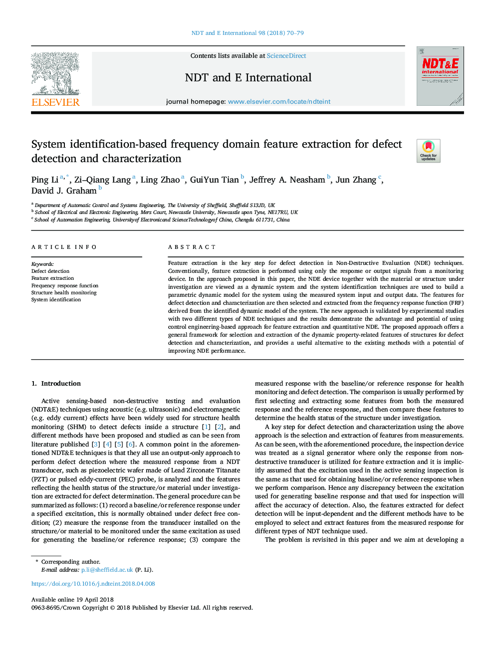 System identification-based frequency domain feature extraction for defect detection and characterization