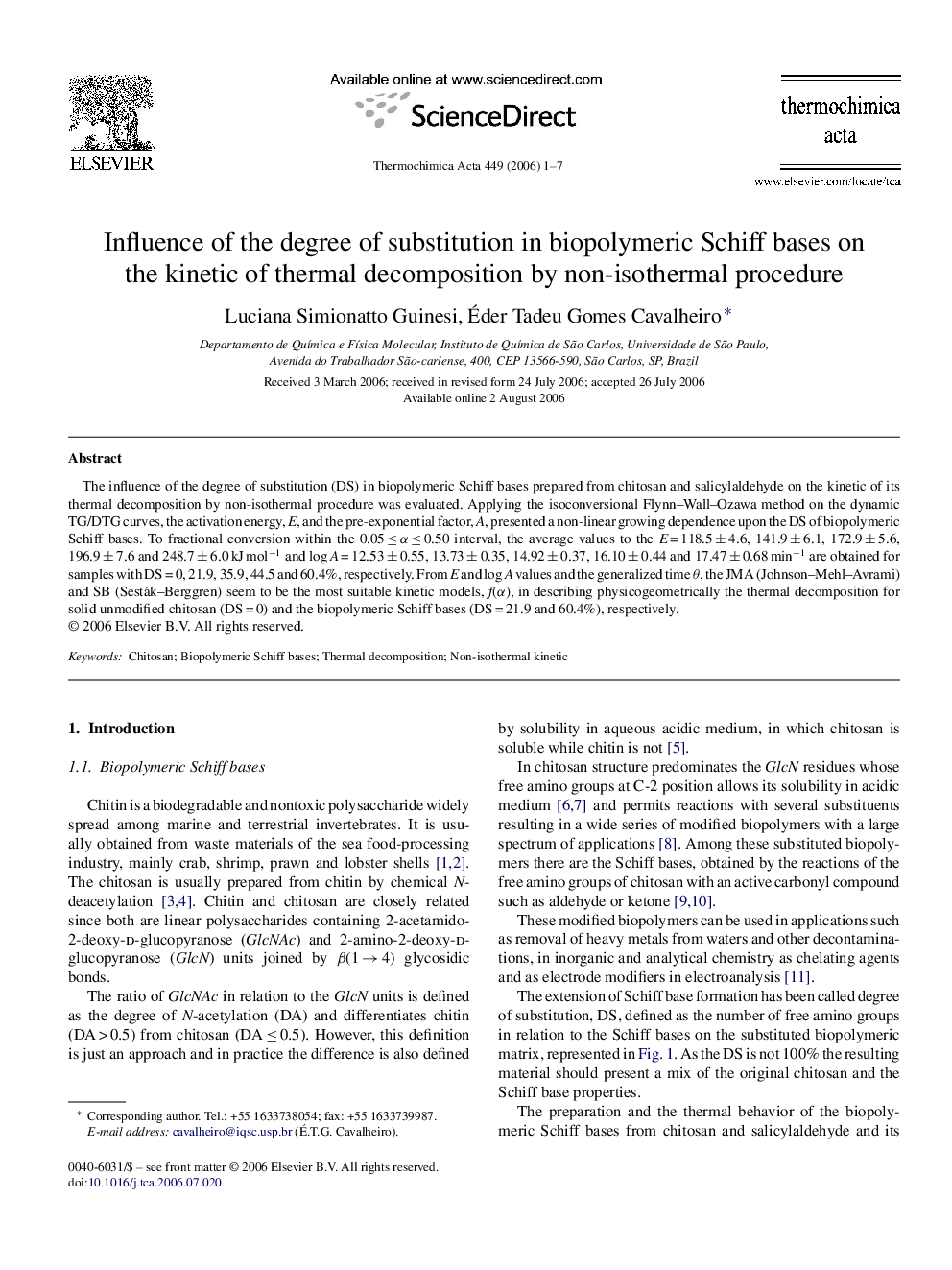 Influence of the degree of substitution in biopolymeric Schiff bases on the kinetic of thermal decomposition by non-isothermal procedure