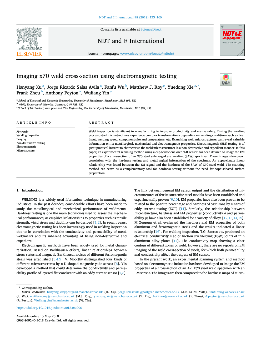 Imaging x70 weld cross-section using electromagnetic testing