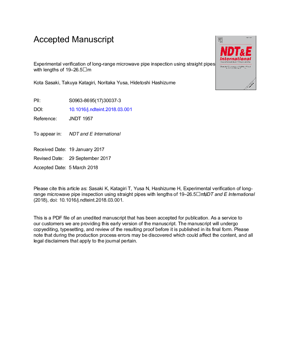 Experimental verification of long-range microwave pipe inspection using straight pipes with lengths of 19-26.5â¯m