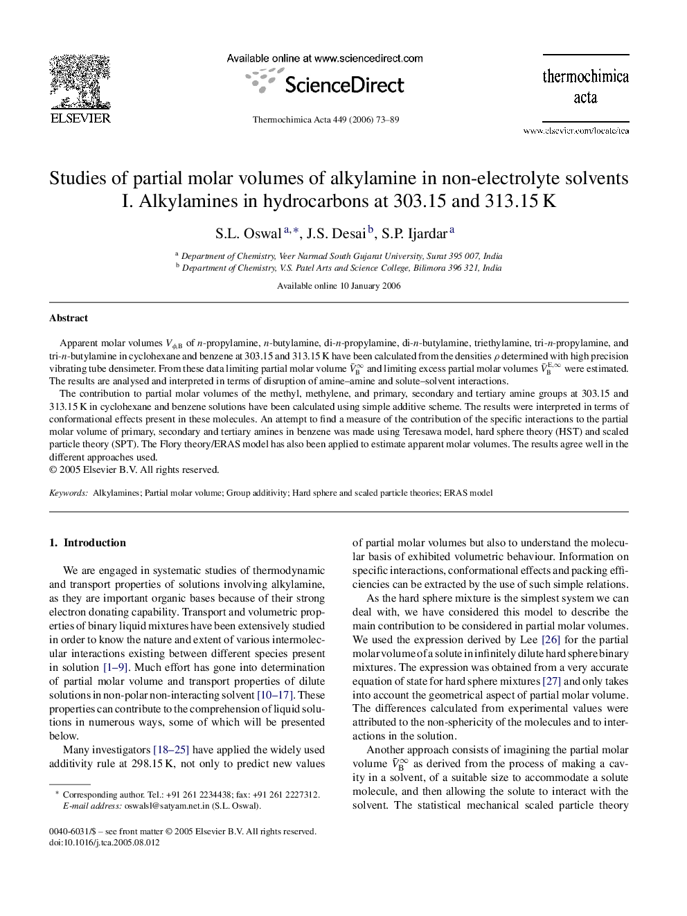 Studies of partial molar volumes of alkylamine in non-electrolyte solvents: I. Alkylamines in hydrocarbons at 303.15 and 313.15 K