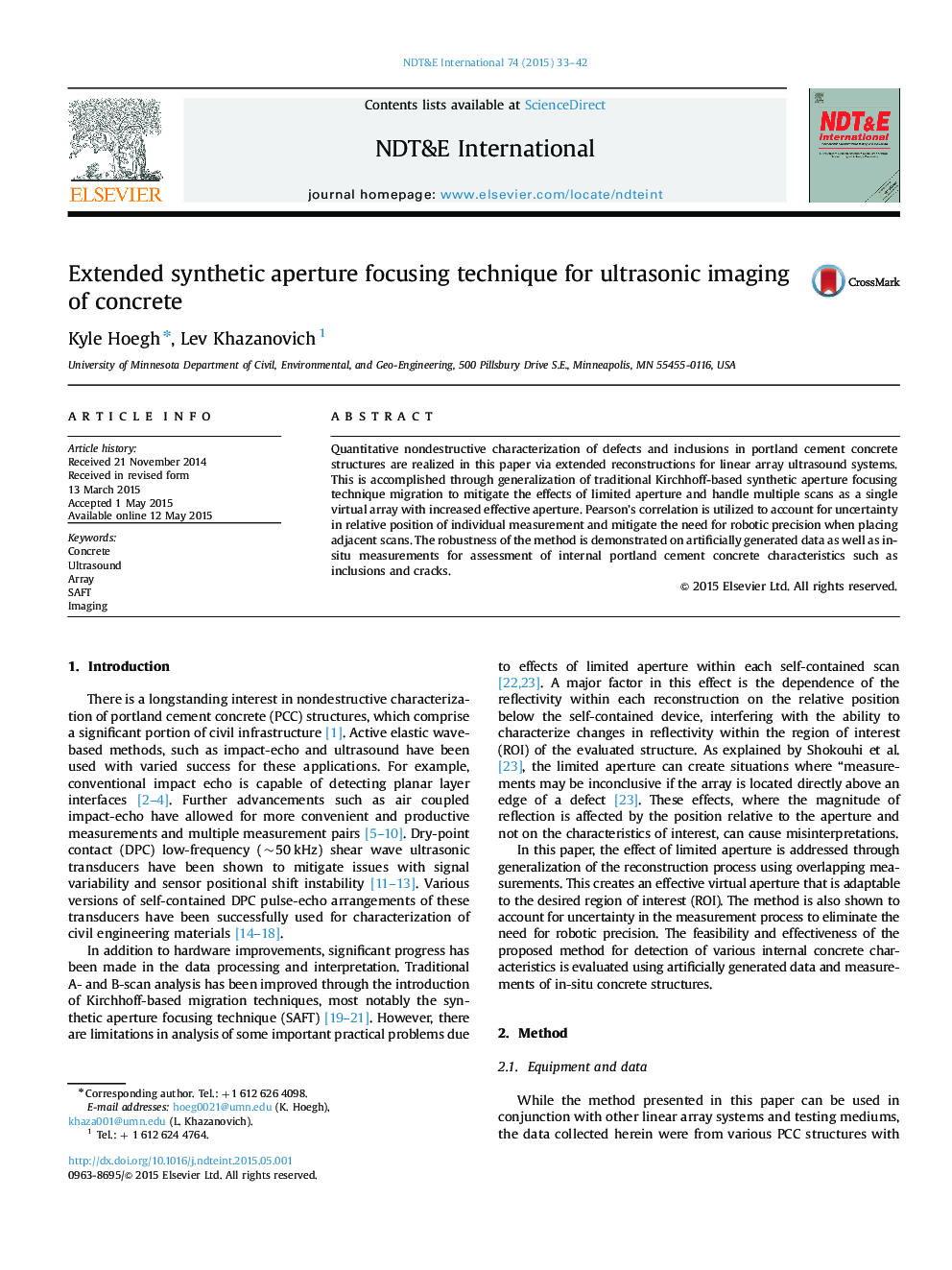 Extended synthetic aperture focusing technique for ultrasonic imaging of concrete