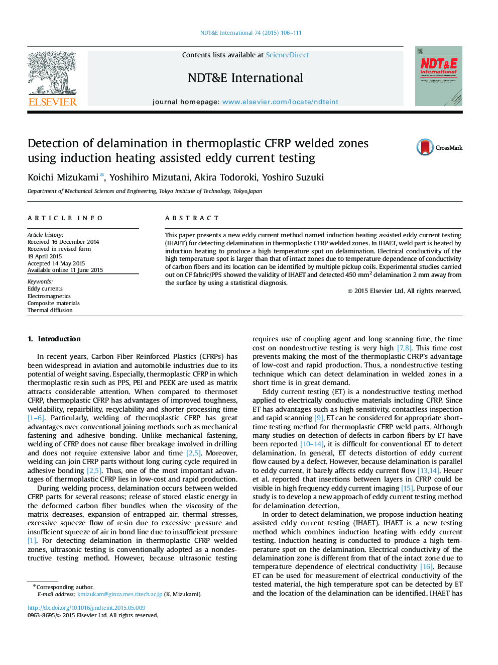 Detection of delamination in thermoplastic CFRP welded zones using induction heating assisted eddy current testing