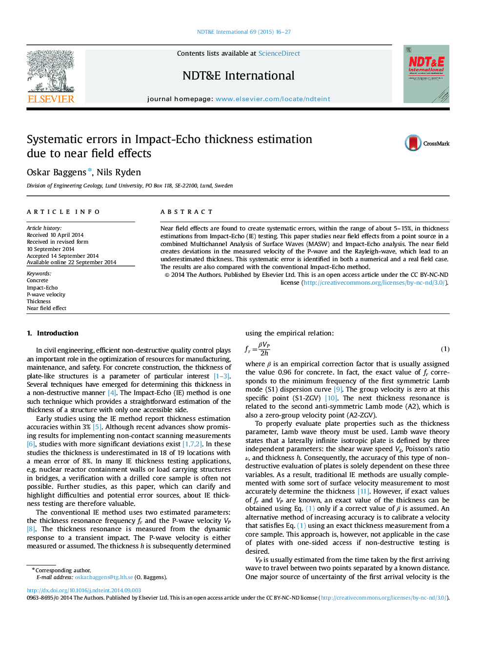 Systematic errors in Impact-Echo thickness estimation due to near field effects