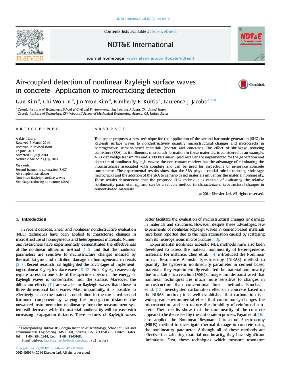 Air-coupled detection of nonlinear Rayleigh surface waves in concrete-Application to microcracking detection