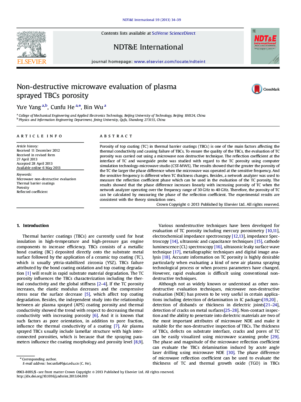 Non-destructive microwave evaluation of plasma sprayed TBCs porosity