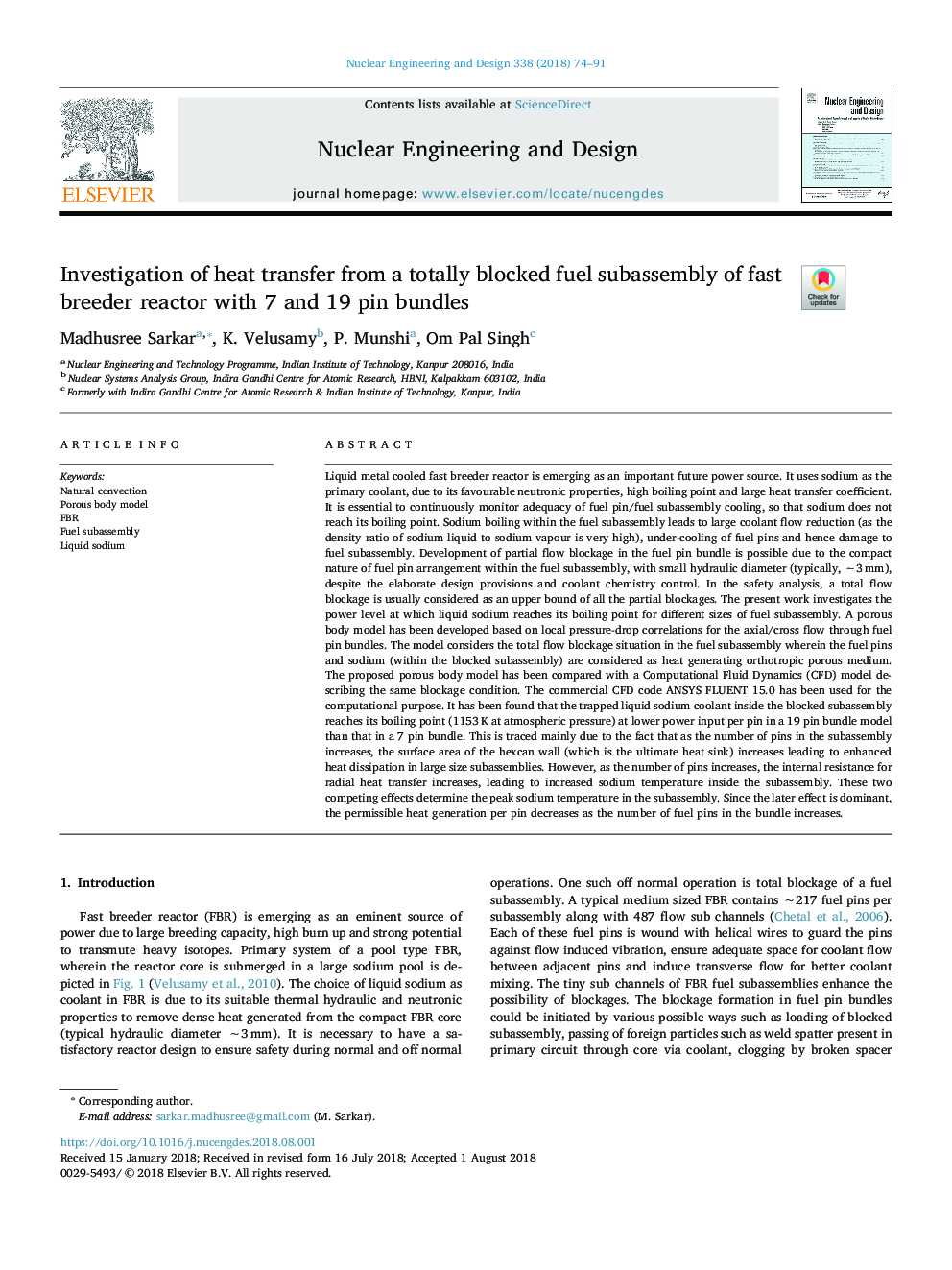 Investigation of heat transfer from a totally blocked fuel subassembly of fast breeder reactor with 7 and 19 pin bundles