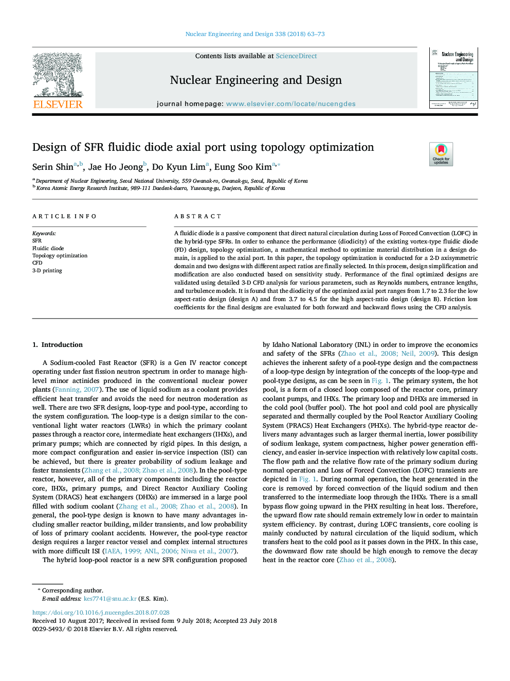 Design of SFR fluidic diode axial port using topology optimization