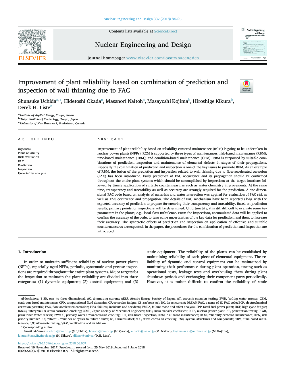 Improvement of plant reliability based on combination of prediction and inspection of wall thinning due to FAC