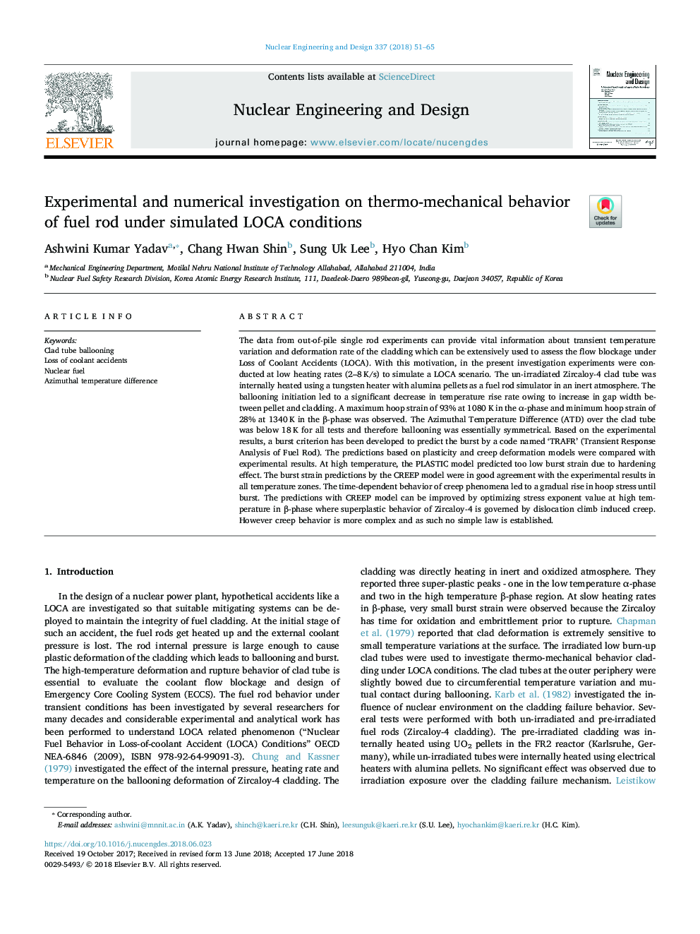 Experimental and numerical investigation on thermo-mechanical behavior of fuel rod under simulated LOCA conditions