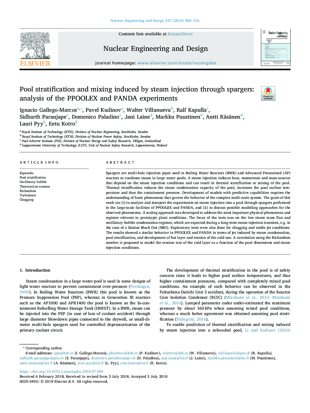 Pool stratification and mixing induced by steam injection through spargers: analysis of the PPOOLEX and PANDA experiments