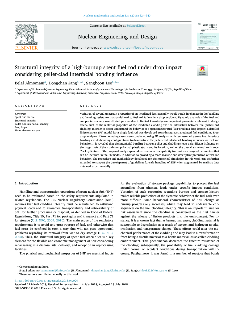 Structural integrity of a high-burnup spent fuel rod under drop impact considering pellet-clad interfacial bonding influence