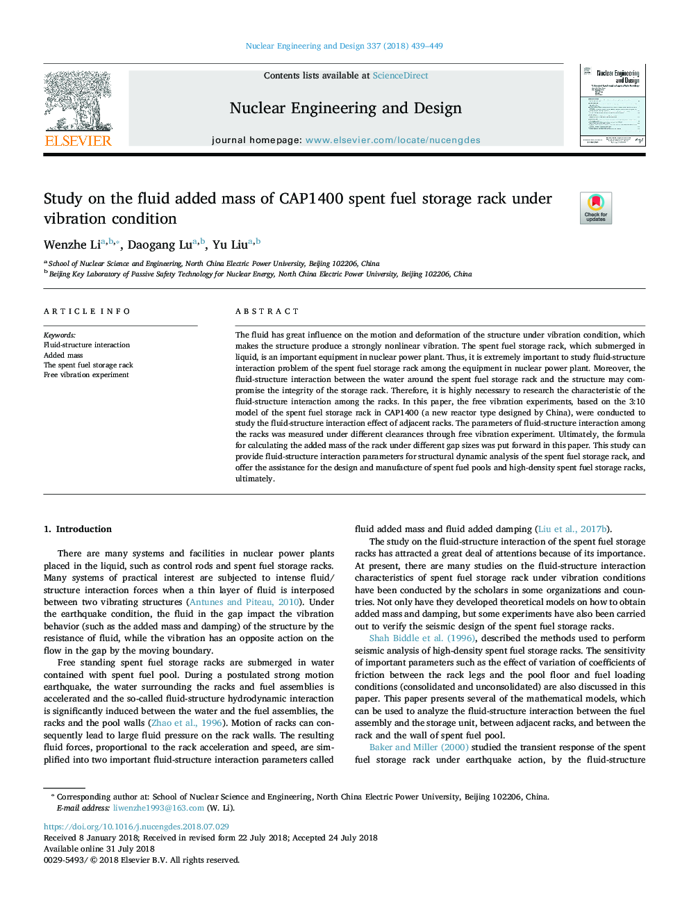 Study on the fluid added mass of CAP1400 spent fuel storage rack under vibration condition