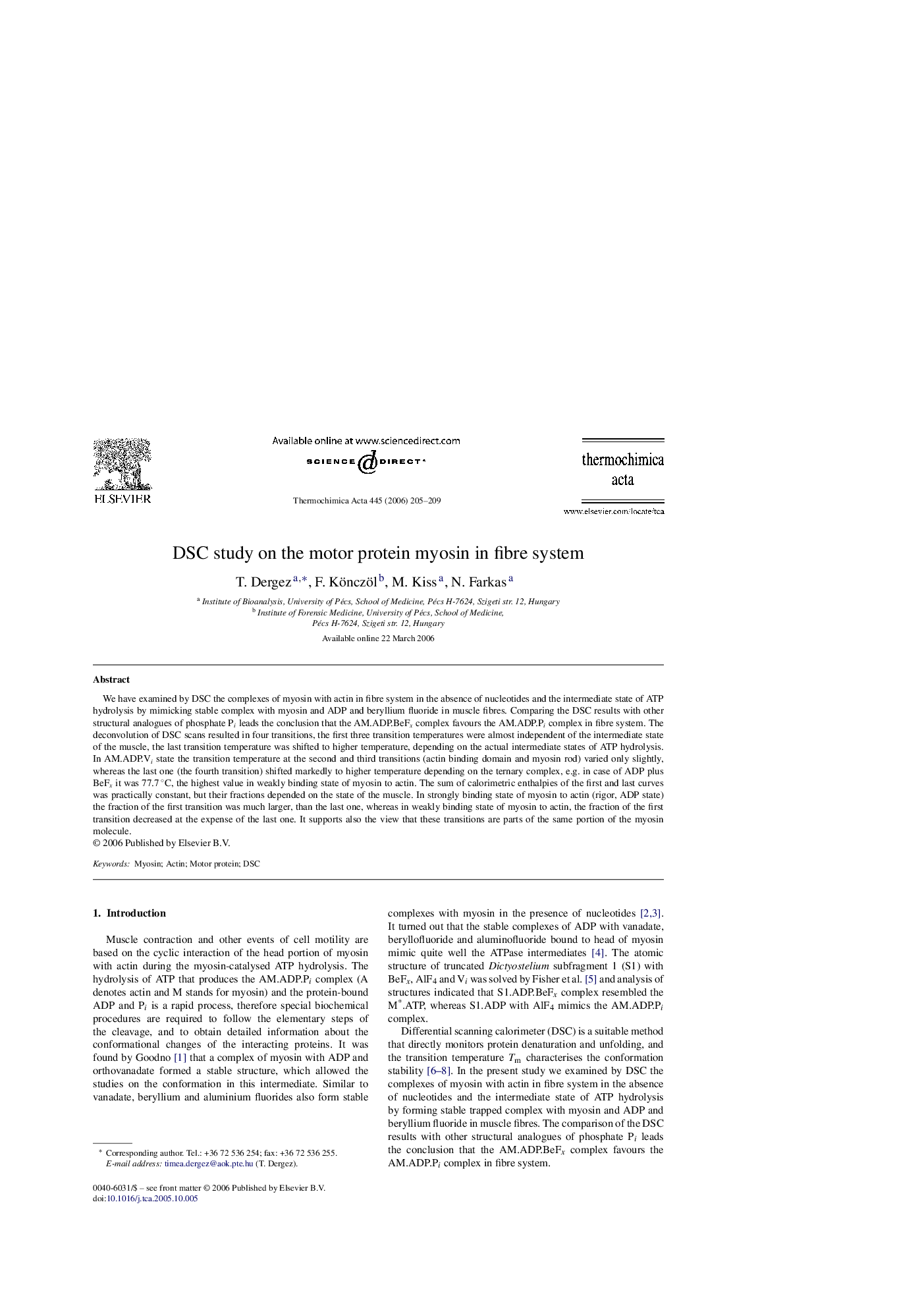 DSC study on the motor protein myosin in fibre system