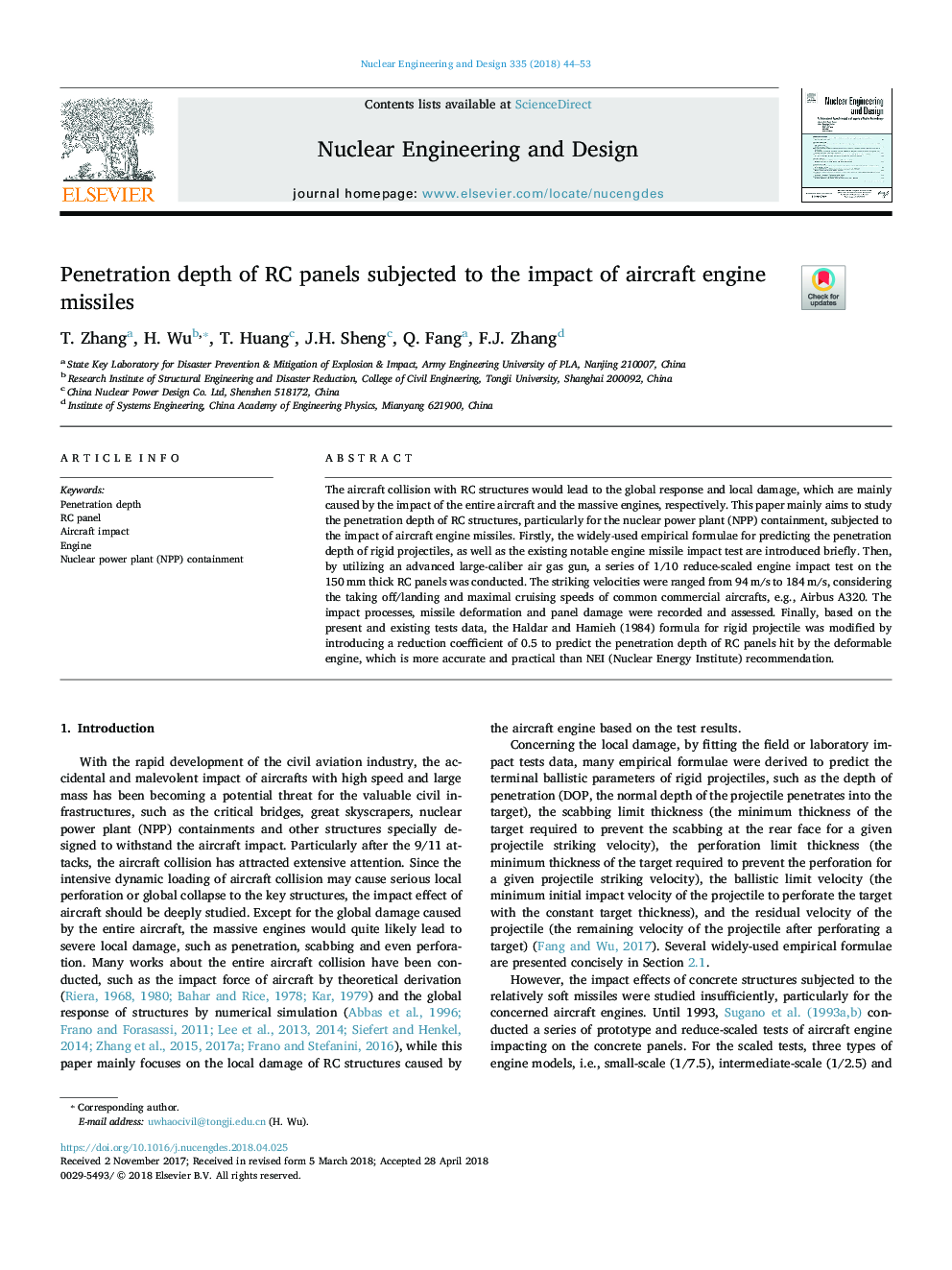 Penetration depth of RC panels subjected to the impact of aircraft engine missiles