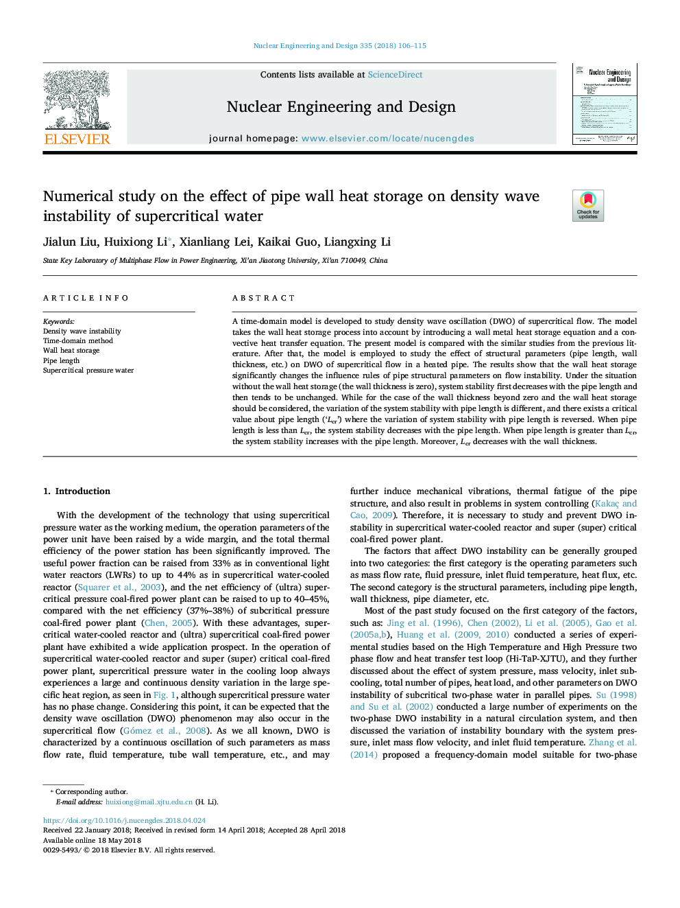 Numerical study on the effect of pipe wall heat storage on density wave instability of supercritical water