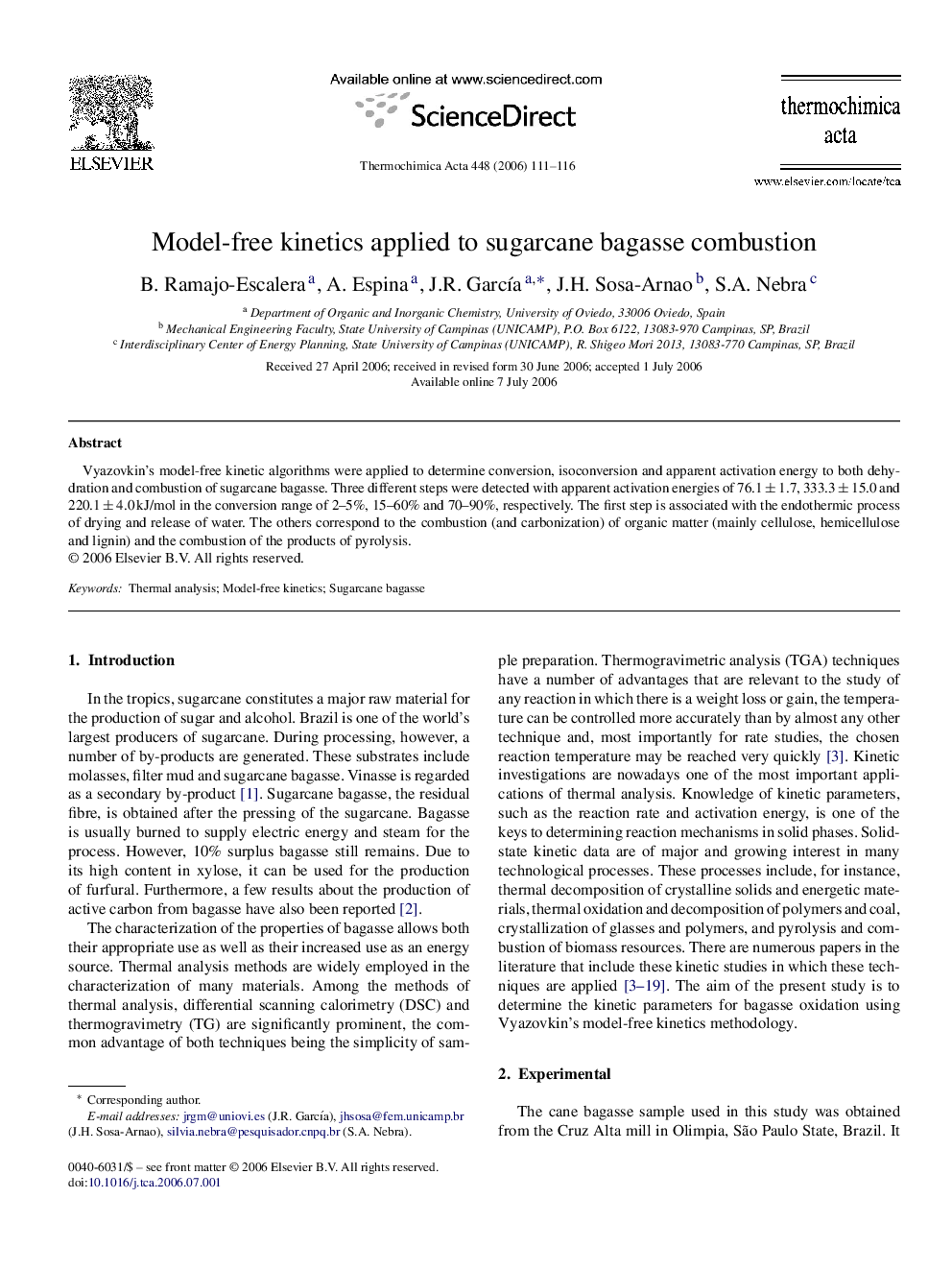 Model-free kinetics applied to sugarcane bagasse combustion