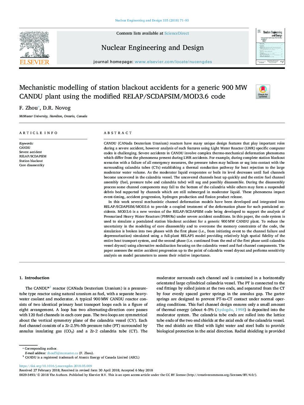 Mechanistic modelling of station blackout accidents for a generic 900â¯MW CANDU plant using the modified RELAP/SCDAPSIM/MOD3.6 code